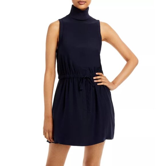 CINQ À SEPT 'Lonny' Sleeveless Silk Tie-Waist Turtleneck Mini-Dress, Navy Blue - Picture 1 of 6